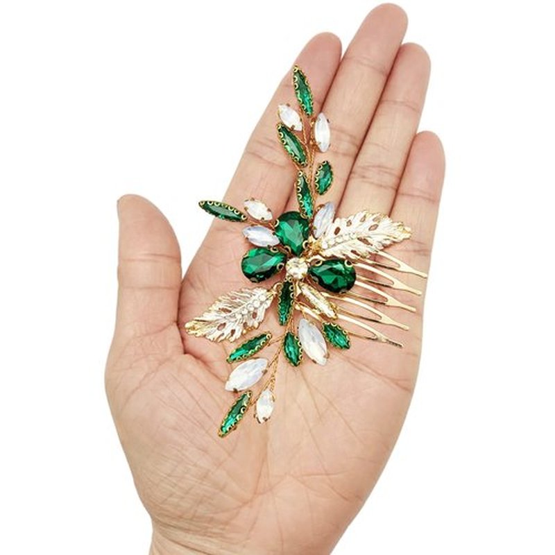BETITETO Green Bridal Side Comb Crystal Leaf Wedding Small Hair Piece Accessories for Women Girls Party (Emerald Green)