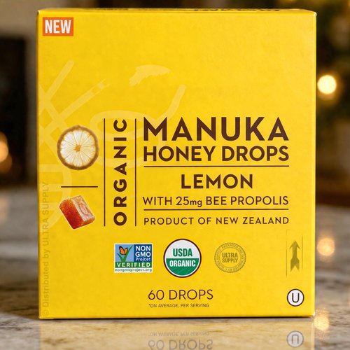 Skiennix Organic Manuka Honey Lemon Drops - Soothing Lemon Flavor with 25mg Bee Propolis | 60 Count Value Pack