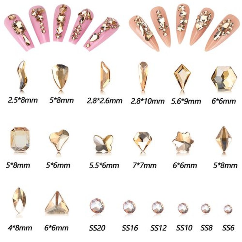 HINABTRU Gold Rhinestones for Nails Champagne Nail Gems Diamonds-7220Pcs Nail Crystals Jewels-Nail Charms Accessories for Nail Decoration(14 Different Shape+ 6520 Round Gold Nail Stones+Wax Pen)
