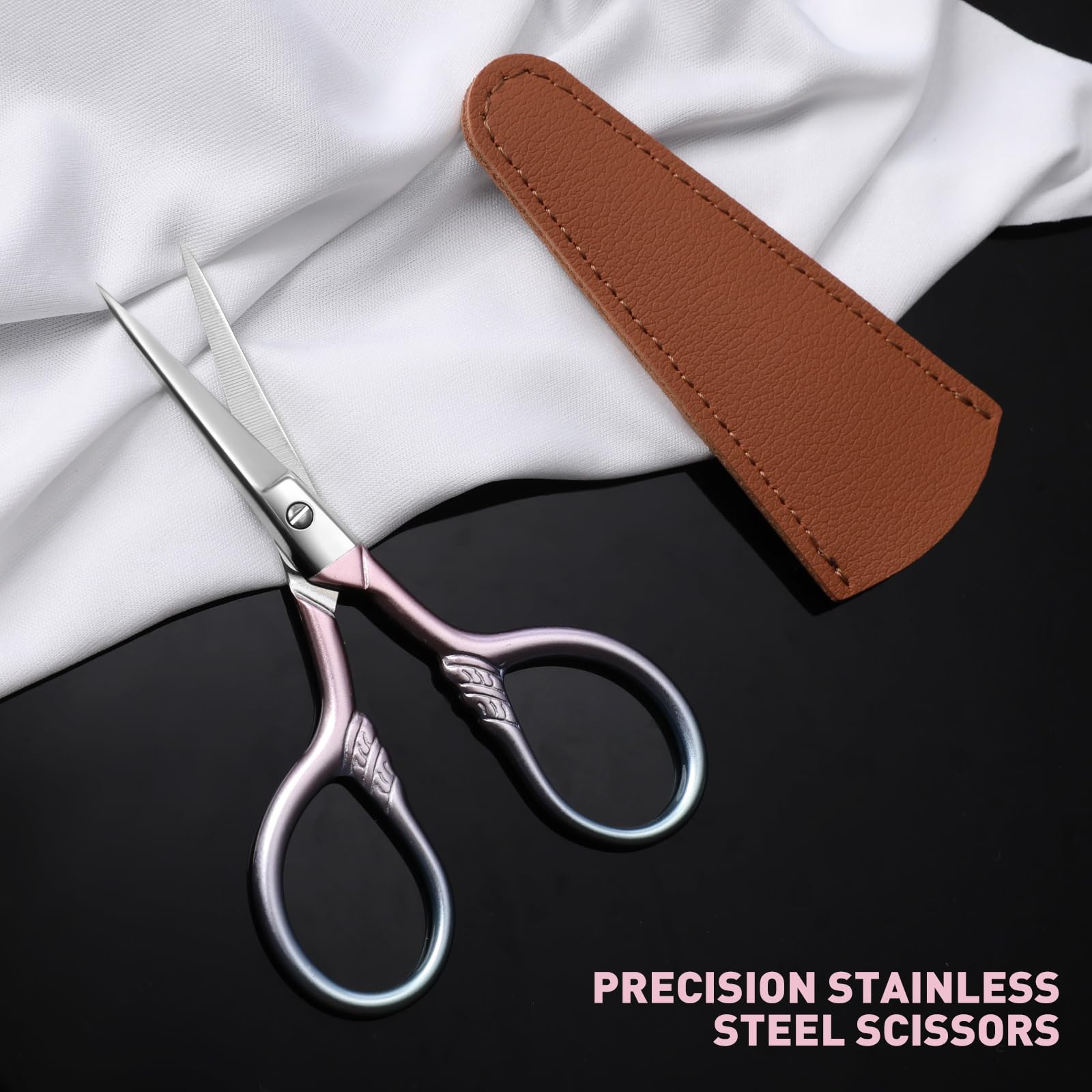 LOBODT Small Precision Scissors, 3.5inch Stainless Steel Multi-Purpose Vintage Beauty Grooming Kit for Facial Hair, Eyebrow, Eyelash, Beard, Nose, Moustache Trimming with PU Sheath