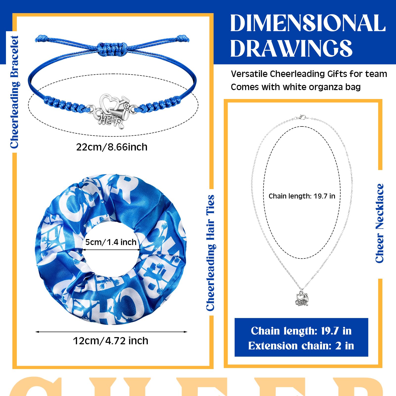 Equsion 12 Set Cheerleader Gifts Bulk Include Cheer Necklace, Cheerleading Adjustable Bracelet, Hair Ties and Organza Bag 12 each, Cheer Accessories for Team Women Teammates(Blue)