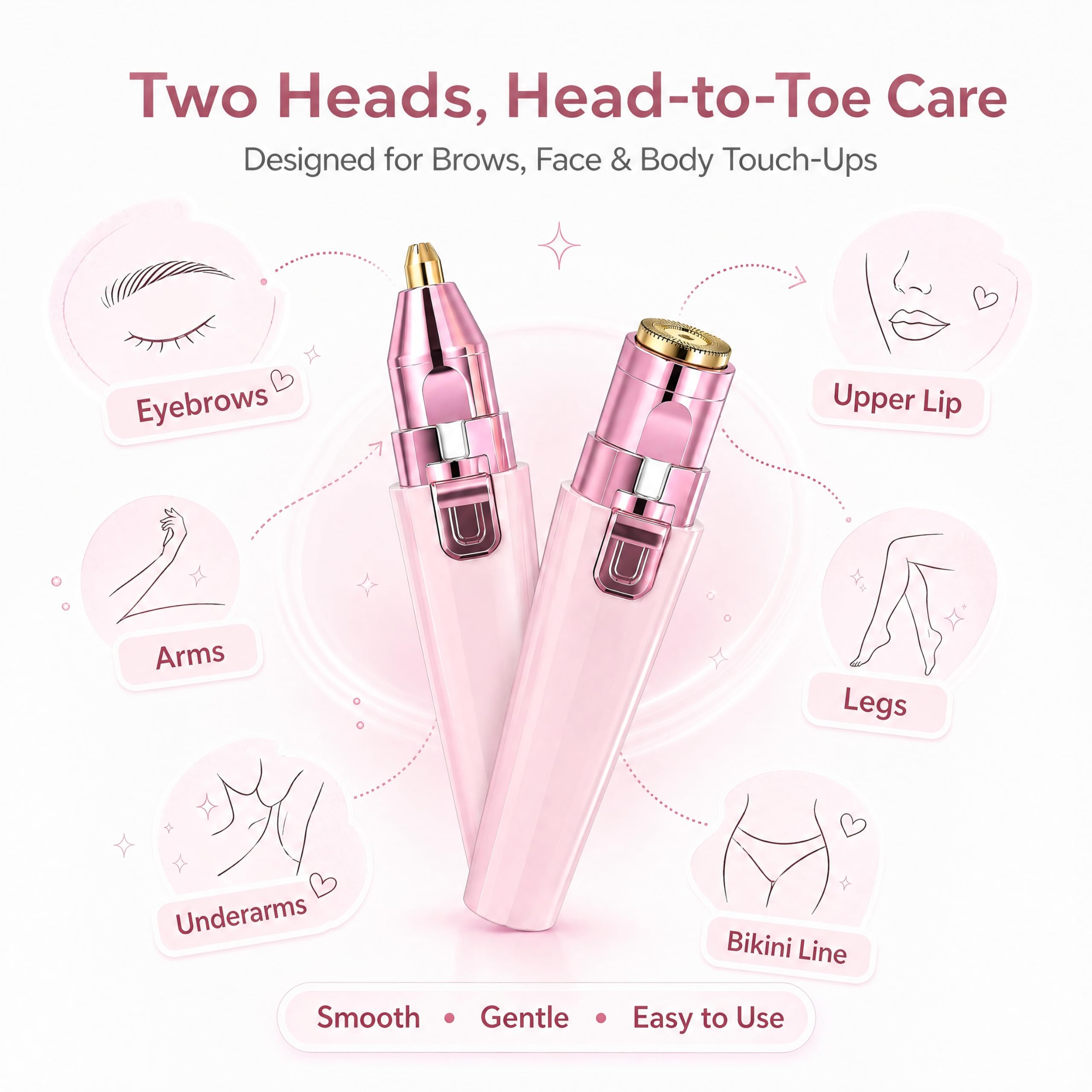 Facial Hair Remover for Women - Pink USB Rechargeable Eyebrow Trimmer & Face Shaver with LED Light, 2-in-1 Hair Removal Device for Smooth Skin