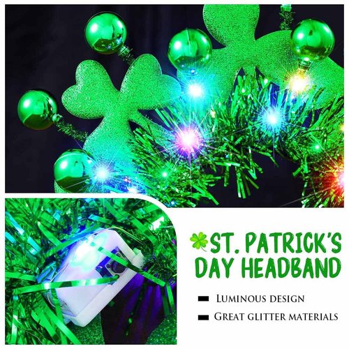 GORTIN Light up St Patrick's Day Headband LED Shamrock Hair Band Green Irish Headband Rave Party Costume Headwear Hair Accessories for Women