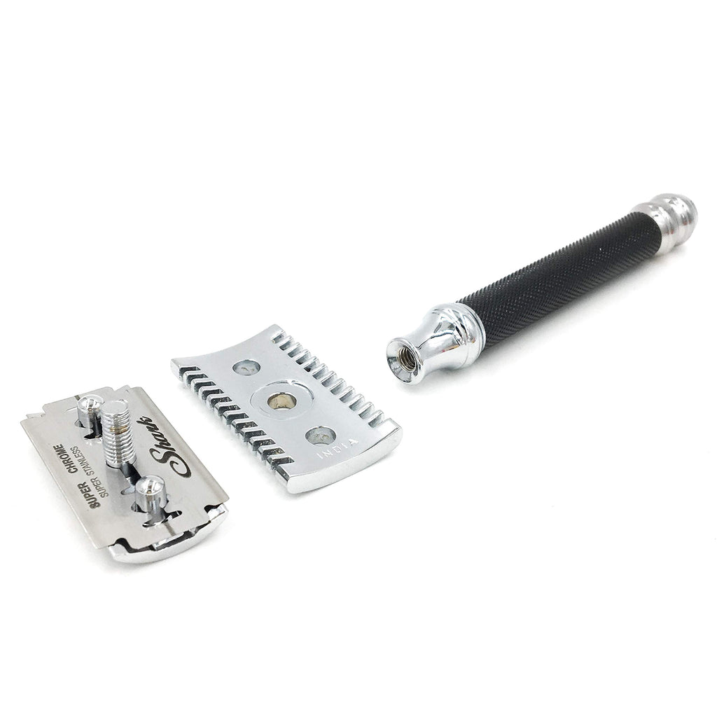 Parker Open Comb Double Edge Safety Razor – Heavyweight Chrome Handle for Closer Shaves – Includes 5 Razor Blades – Ideal for Men with Thick or Coarse Beards (26C - Graphite Gray)