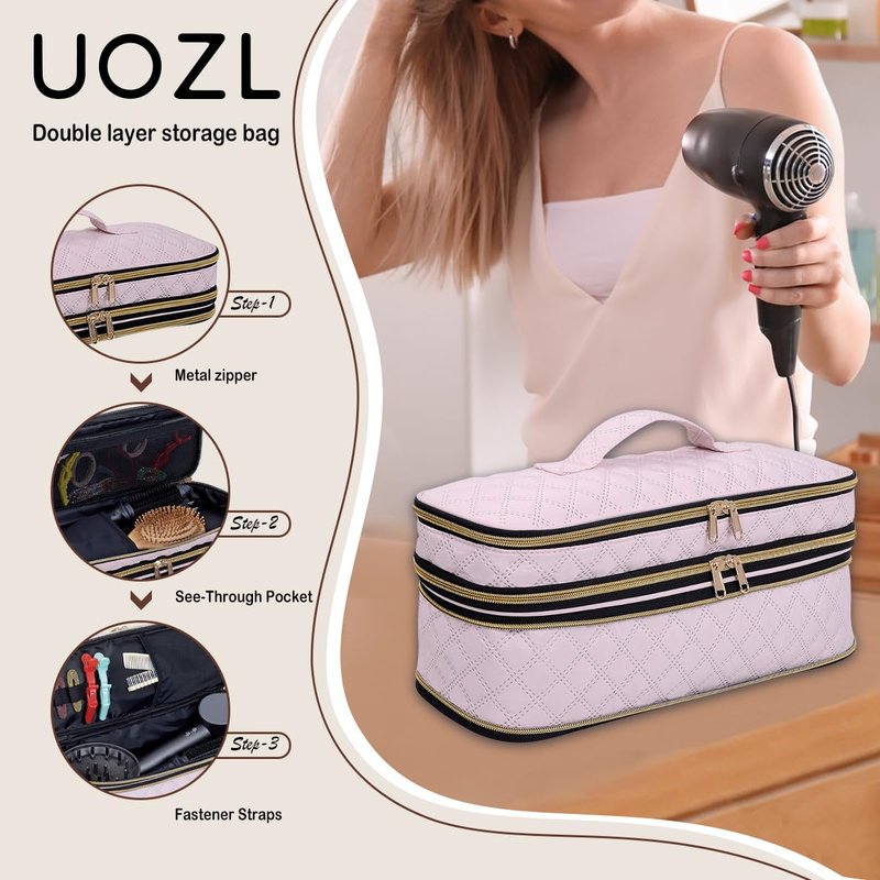 UOZL Hair Dryer Curling Iron Storage Bag, Travel Carrying Case, Slim Expandable Handheld Dual-Layer Travel Storage Bag for Dryer/Hair Tool Organizer/Style Organizer (Pink)