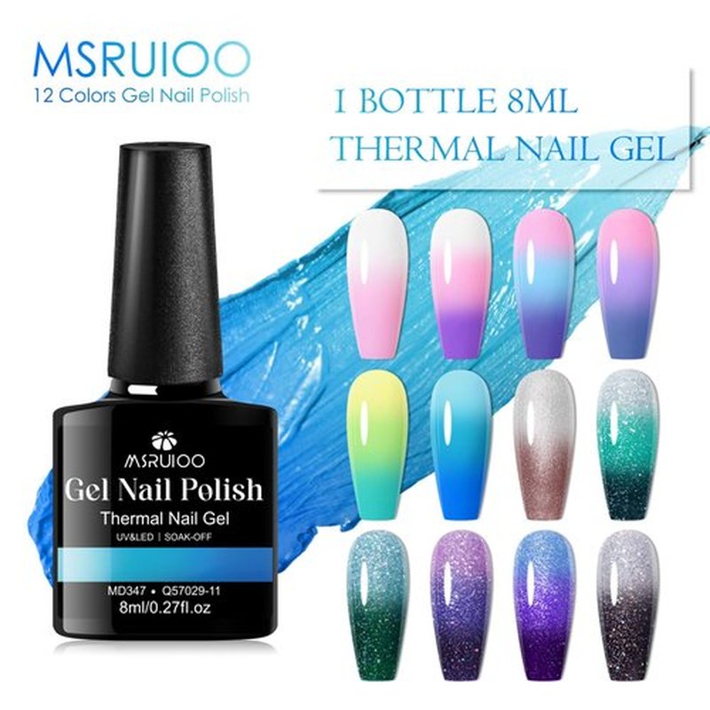 MSRUIOO Color Changing Gel Nail Polish Set 12 Colors Temperature Mood Changed Glitter Pink Purple Soak Off UV/LED Nail Art Design Kit Manicure Gifts for Women Girls 8ml