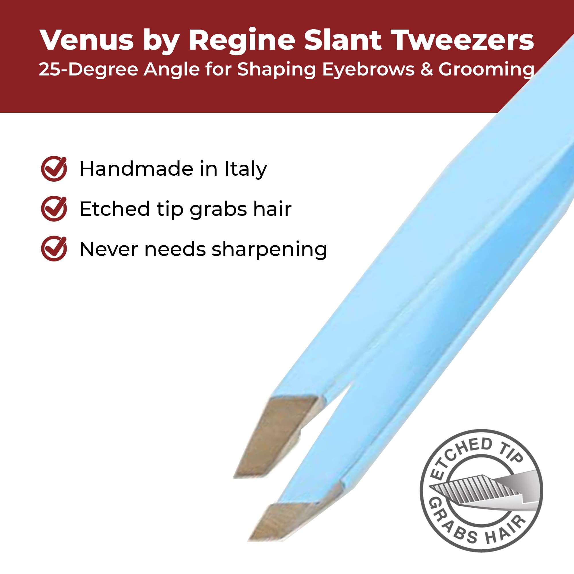 Venus by Regine Slant Tweezers - Handmade Precision Tool for Women & Men, 25-Degree Angle for Shaping Eyebrows & Grooming Facial Contours, Suitable for Eyebrow & Facial Hair Removal (Bright Blue)