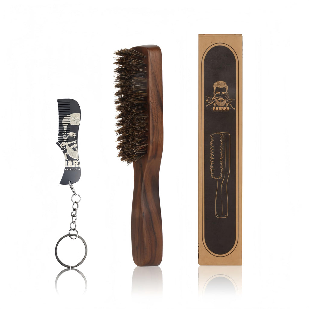 MenGate Boar Bristle Beard Brush for Men - Wooden Beard Brush and Slick Back Hair Brush with Metal Comb Keychain, Perfect for Home and Travel Use - Regular