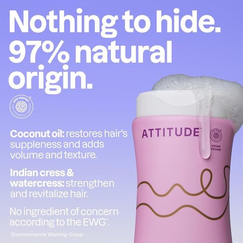 ATTITUDE Amplifying Shampoo for Curly Hair - Coconut Oil, EWG Verified, Vegan, 16 Fl Oz | Enhances Curl Body