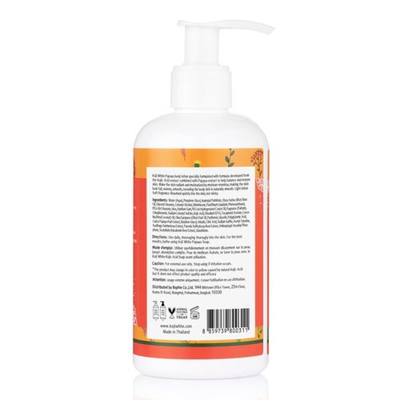 Koji White Kojic Acid & Papaya Body Lotion - Exfoliating, Hydrating, Moisturizing, Skin Care for Sun-Damaged Skin, Vegan, Paraben-Free, 8.45 Fl Oz (1 Bottle)