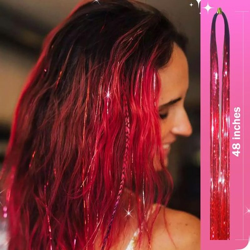 NIACONN Glitter Hair Tinsel Extensions Kit Red with Tools and Beads, 48 Inch Sparkly Fairy Colorful Tensile Strands Shiny Hair Accessories for Women Girls Kids