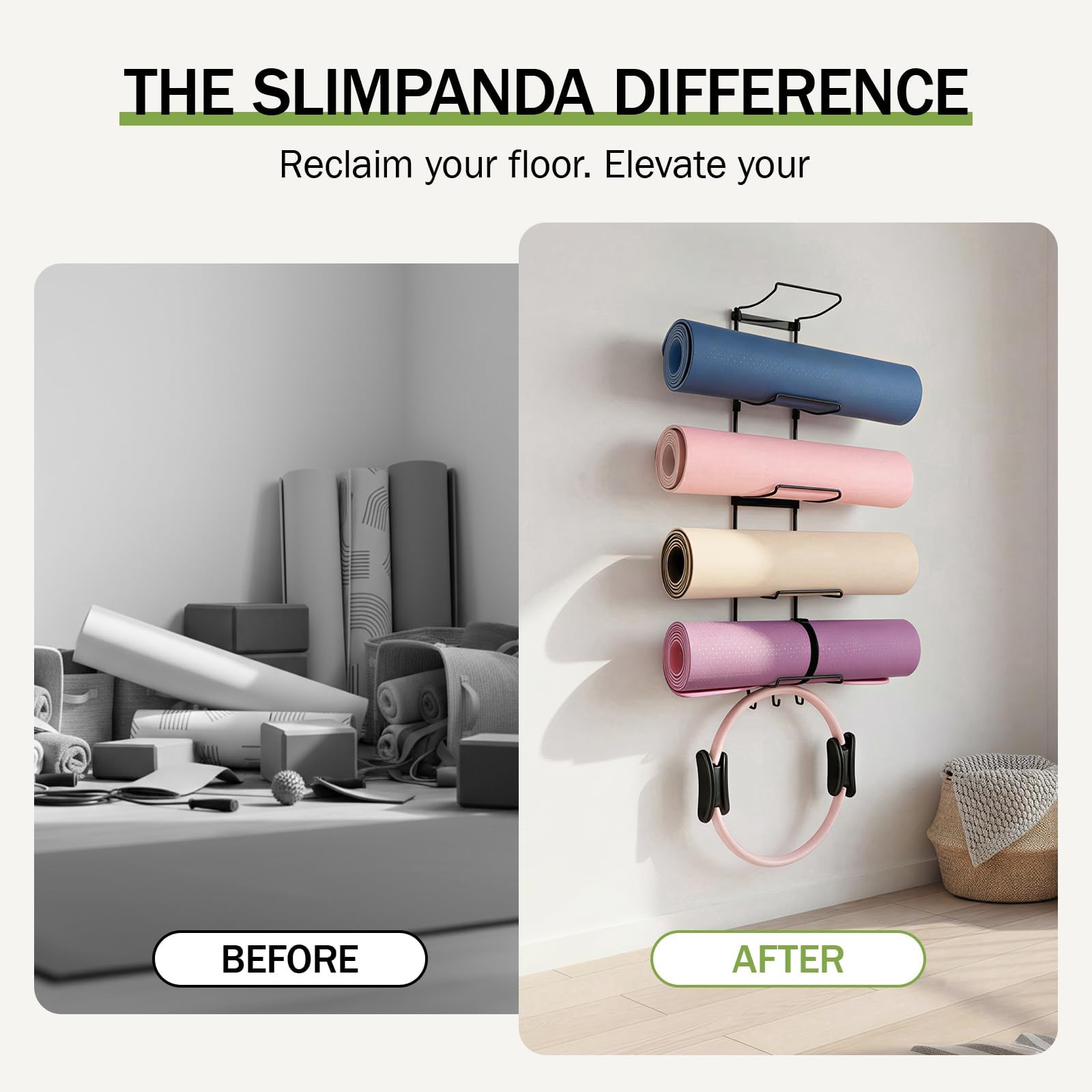 Slim Panda Yoga Mat Holder Wall Mount With Mesh Bag,Yoga Accessories Storage Rack,Home Gym Organizer with 5-Tier & 3 Hooks for Hanging Yoga Mats, Foam Roller, Resistance Bands & Yoga Accessories