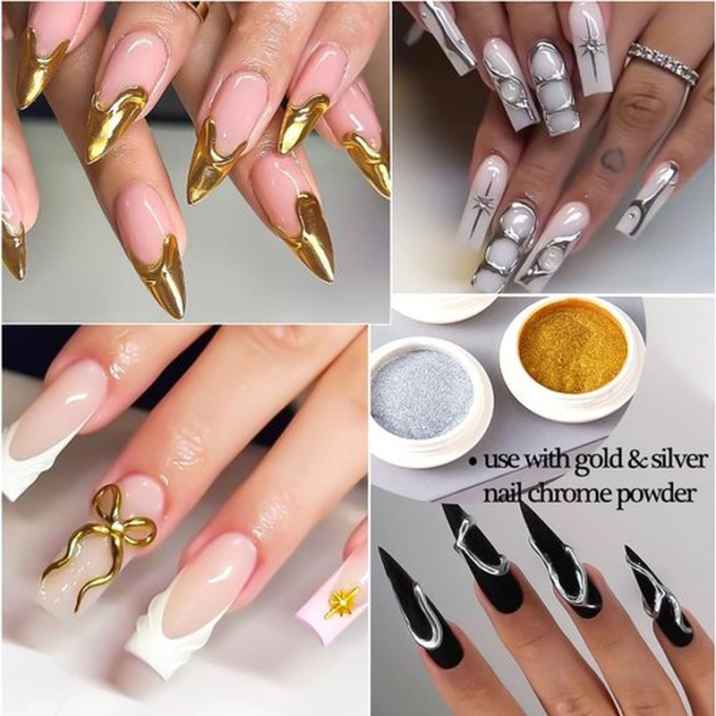 SUTOZMIWE Solid Builder Nail Gel, Clear Sculpting Gel for Nail Art, Non-Sticky 3D Carving Modeling Hard Gels with Gold & Silver Chrome Nail Powder for DIY Salon Manicure at Home