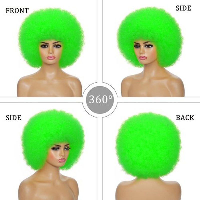 JSDshine Green Afro Wigs for Women - Soft 70s Kinky Curly Synthetic Hair Wig with Bangs, Natural Looking Short Afro Puff Bouncy Big for Daily & Party Use