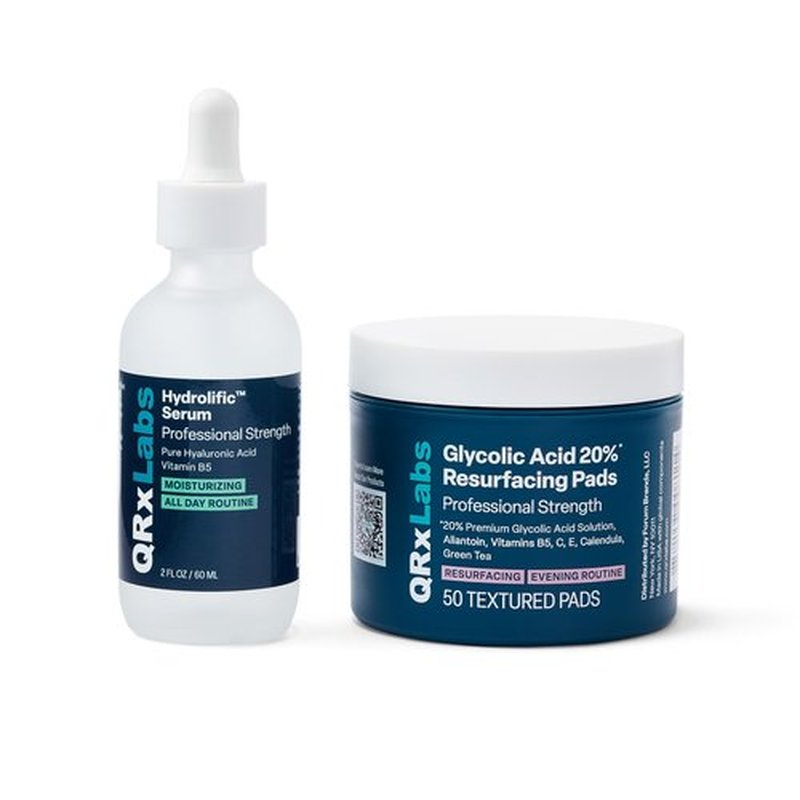 QRxLabs Resurfacing and Hydrating Duo: Glycolic Acid 20% Resurfacing Pads + Hyaluronic Acid 2oz Serum - Smoother, Hydrated and Radiant Skin - Daily Use - 50ct Pads