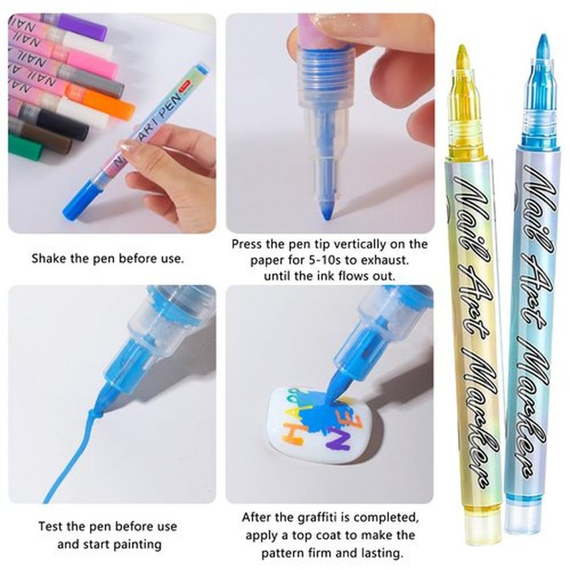12 Colors Nail Art Pens Set - 0.7MM 3D Nail Polish Pens Acrylic Paint Pens Acrylic Nail Markers for Nail Art Drawing Painting Nail Point Dotting Tool Liner Pen Manicure Tools Design Kit for Home Salon