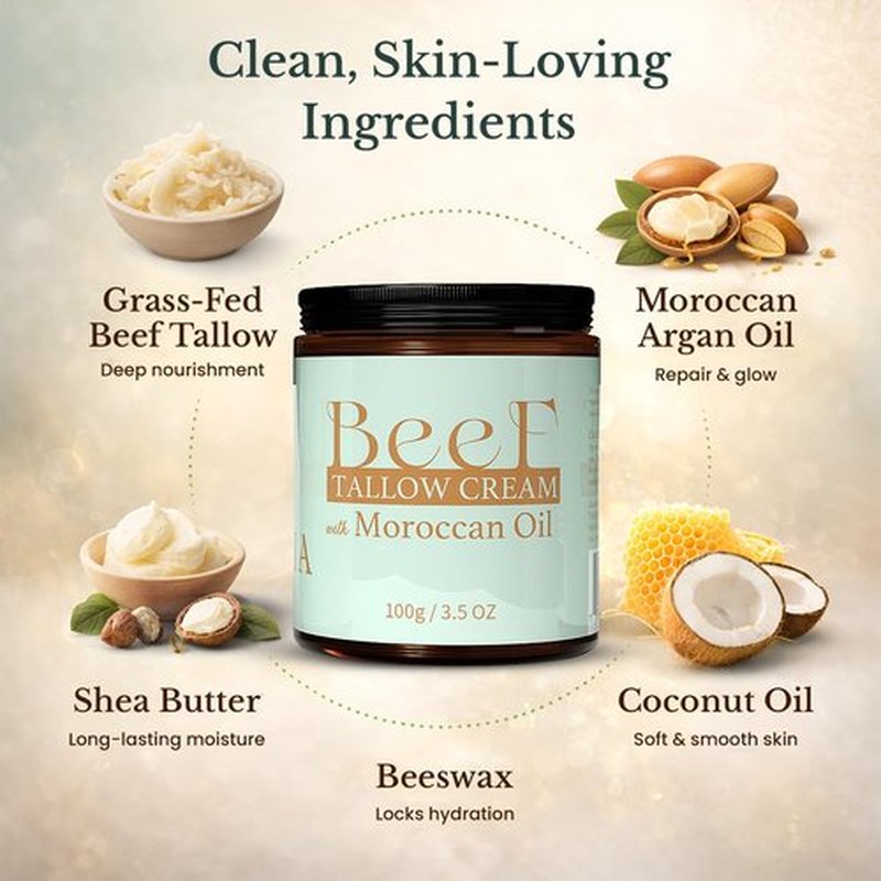 Beef Tallow Cream with Moroccan Oil 100g (3.5 oz) | Whipped Beef Tallow for Skin, Face & Body | Deep Hydration Moisturizer with Shea Butter, Coconut Oil & Beeswax – For Dry, Sensitive & Irritated Skin