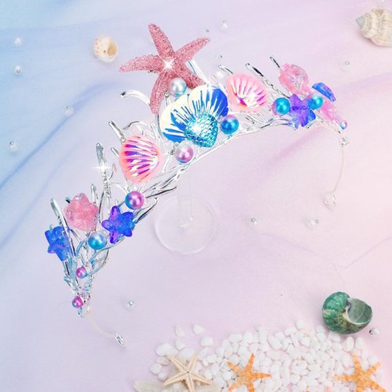 Mermaid Tiara for Women Pearl Mermaid Crown Adult Mermaid Headband Hair Accessories Costume women Mermaid Purple Blue Pink Tiaras Seashell Starfish Fish Tail