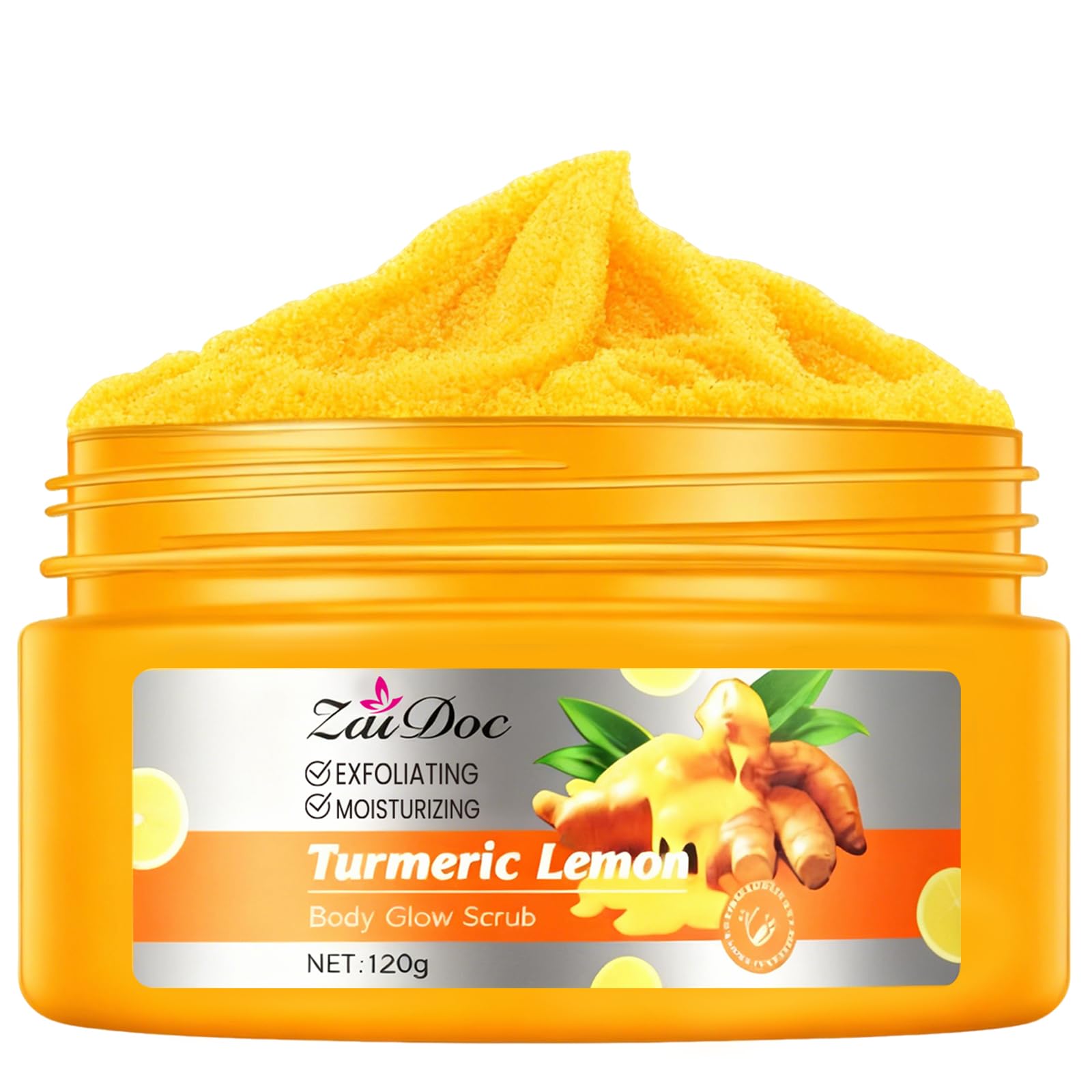 ZaiDoc Turmeric Lemon Sugar Body Scrub, Natural Exfoliating Body with Aloe, Coconut Oil & Hyaluronic Acid, Moisturizing Skin Smoothing Scrub, Gentle Plant-Based Exfoliator for Daily Body Care, 4.2oz