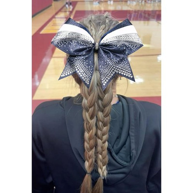 DEEKA 6 PCS 7" Large Glitter Cheer Bows with Shiny Rhinestones Three Color Stiff Hair Bows Elastic Band Ponytail Holder for for Cheerleaders Softball Girls Sports -Navy/Silver/White