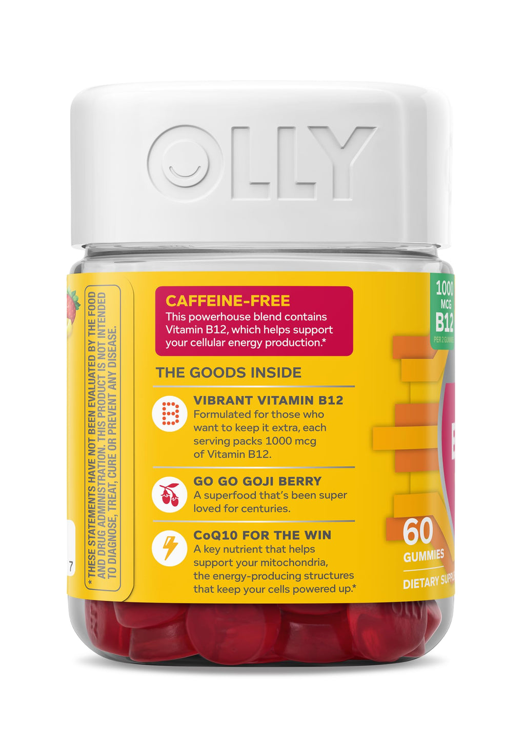 OLLY Extra Strength Daily Energy Gummy, Caffeine Free Cellular Energy Production,* 1000 mcg Vitamin B12, CoQ10, Goji Berry, Adult Chewable Supplement, Berry Yuzu Flavored, 30 Day Supply - 60 Count
