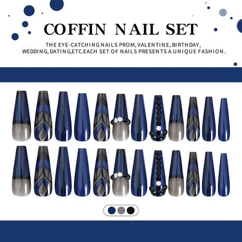 Luxury Navy Coffin Nails Glossy 3D Rhinestones Extra Long Tips Elegant Ethnic Glue on Fake Nails Gothic Nail Salon Art DIY