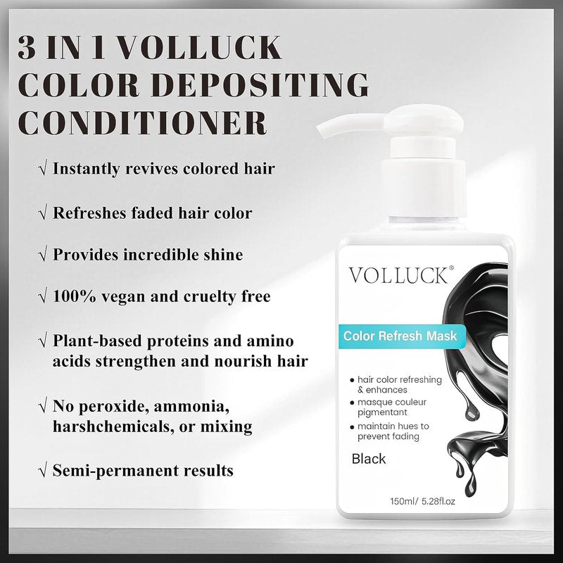 VOLLUCK Color Depositing Conditioner - 3-in-1 Cruelty-Free Hair Mask for Shine & Softness | Black, 5.28 Fl Oz