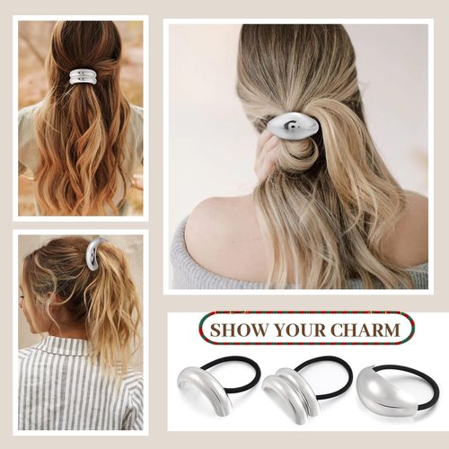 3PCS Silver Hair Ties, Metal Hair Ties for Thick Hair, Elegant Durable Geometric Design, Silver Hair Accessories Stretchy and Non-Damage Ponytail Holders, 3 Styles in Box Gifts Holiday