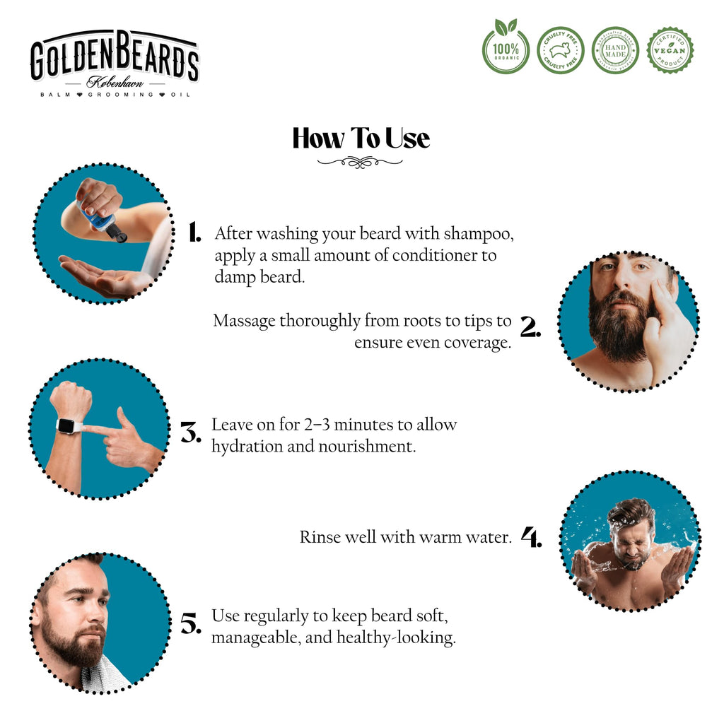 Golden Beards Beard Wash Set or single – Organic Beard Shampoo & Conditioner for Men, 100ml Each – Nourishing Jojoba & Oils with Carshalton Lavender Scent, Vegan & Handmade in Denmark (Conditioner)