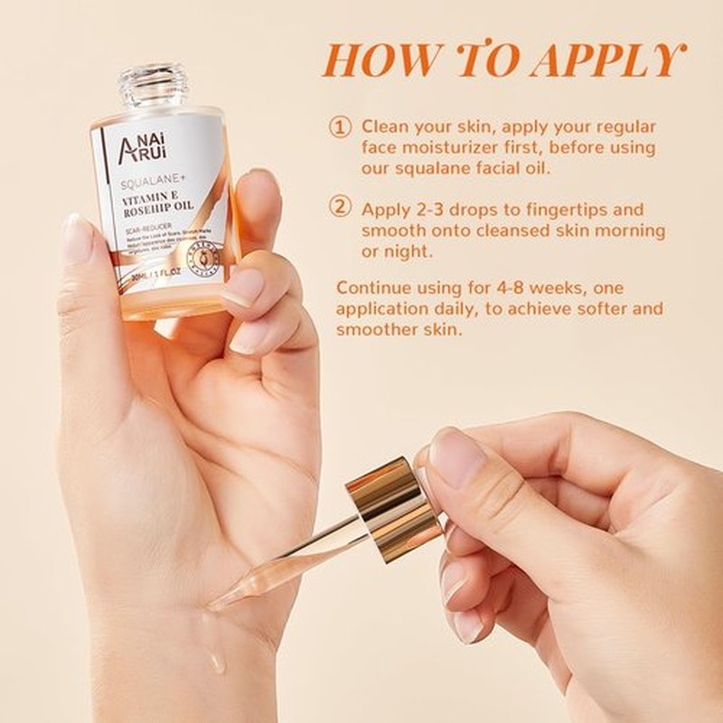 ANAI RUI Squalane + Vitamin E Rosehip Oil Moisturizer for Face,Hair,Skin& Nail Hydrate, Reduce Scars and Stretch Marks, Wrinkles for Smoother, Softer Skin 1 fl. Oz