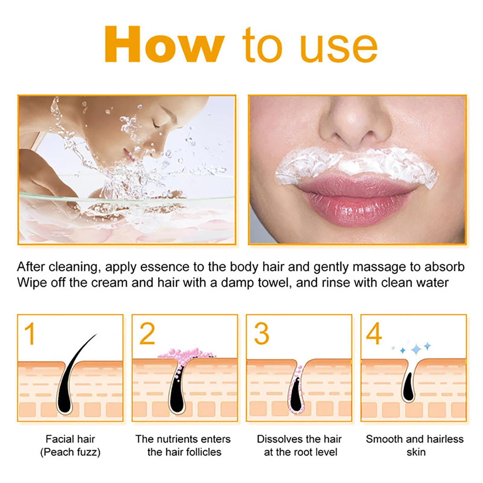 Facial Depilatory Cream, Orange Hair Remover Cream for Upper Lip and Chin for Women Face Hair Remover for Sensitive Skin Gentle and Non-Irritating (2PCS)