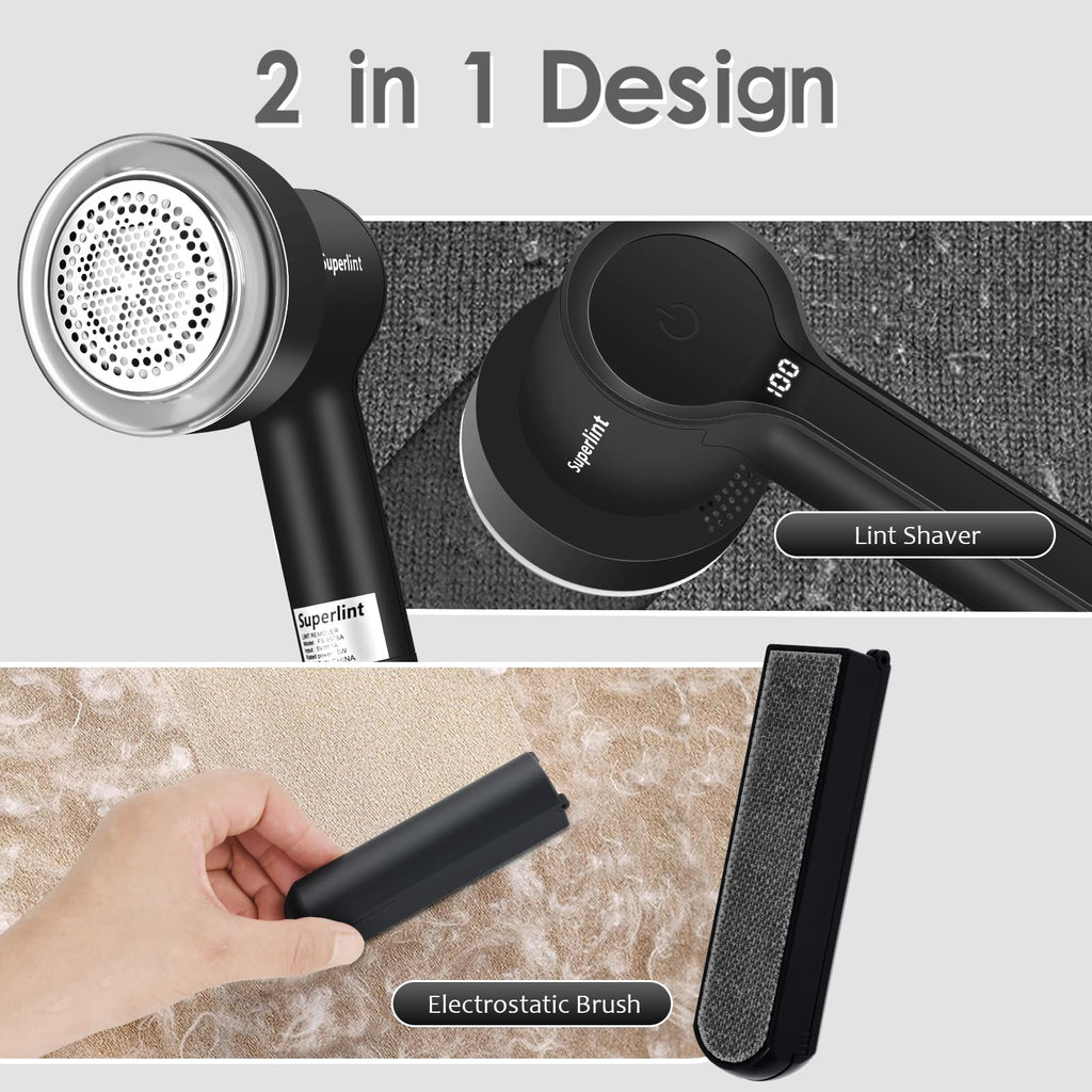 SuperLint 2-in-1 Rechargeable Fabric Shaver LED 3-Speed Lint Remover Black