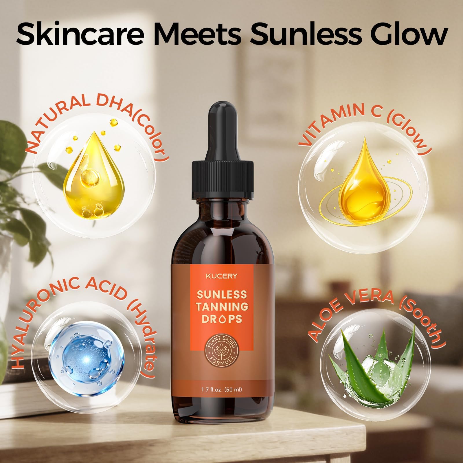 KUCERY Plant-Based Sunless Tanning Drops for Face & Body | Customizable Streak-Free Bronzing Serum with Natural Botanical Ingredients, Buildable Self-Tan Glow, 1.7 fl oz