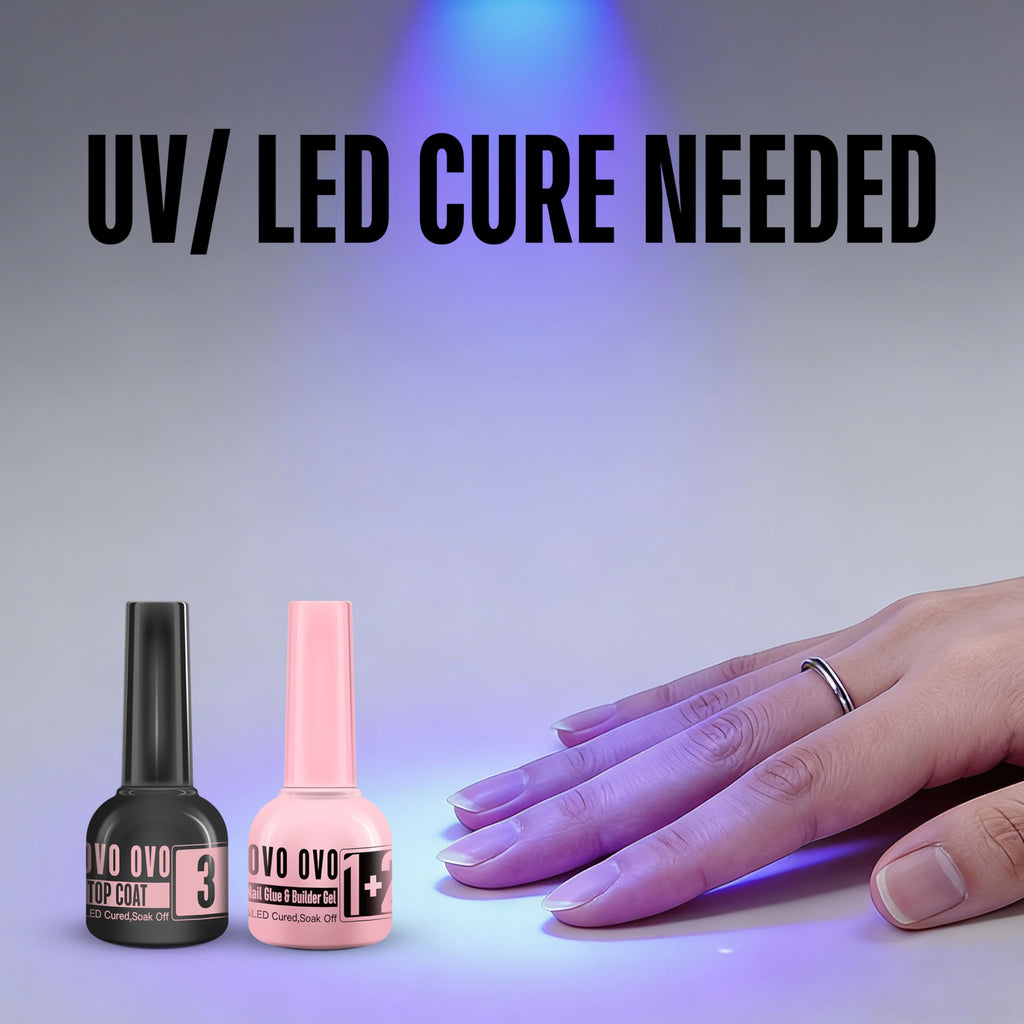 UV Nail Glue and Builder Gel 2 in 1, No Wipe Top Coat Kit for Predesigned French Tip Nail Tips, NOVO OVO Super Strong Adhesive for Press on Nails, 30+ Days Long Lasting, Salon Effect, Easy to Use
