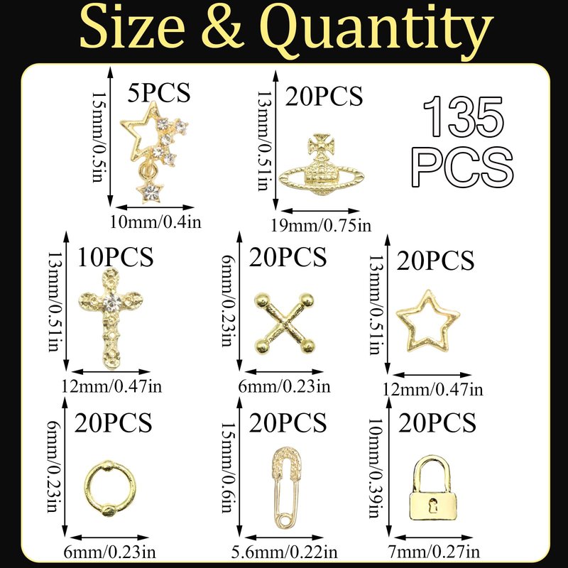 YAEISM 135PCS Gold Nail Charms 3D Nail Spikes Shiny Gold Nail Crosses Alloy Star Nail Charms Punk Goth Pin Planet Nail Art Gems for Women and Girls