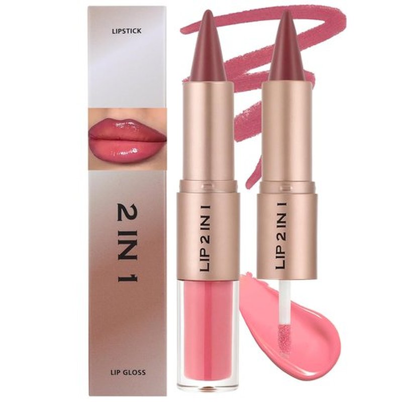 Skiennix Lip Liner & Gloss Lipstick Combo - 2-in-1 Dual-Ended Set, Soft Pink Velvet Matte & Light Pink Glowy Finish, Long-Lasting Plumping Effect