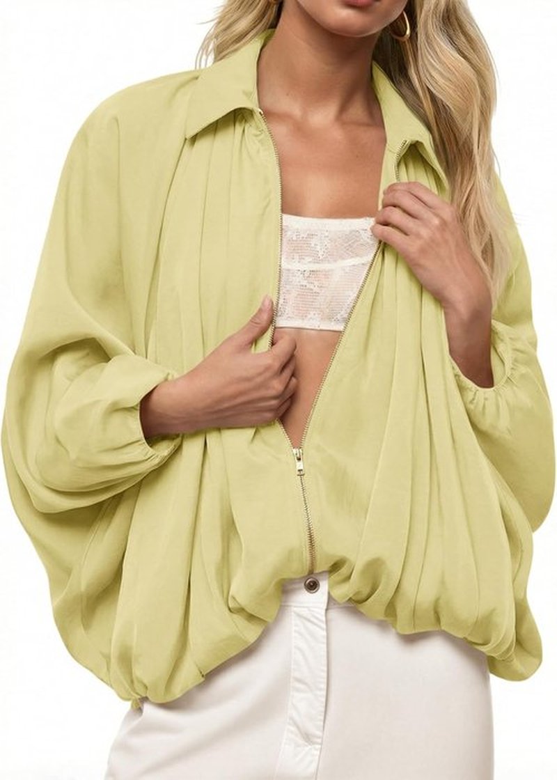 Tankaneo Women's Oversized Bomber Jacket - Stylish Batwing Sleeve, Zip-Up Design, Pleated Lapel