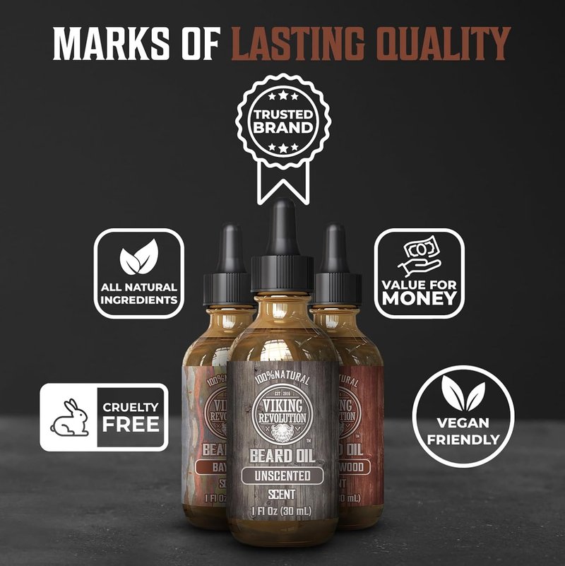 Viking Revolution Beard Oil - Natural Conditioning Oil Set for Men | Sandalwood, Unscented & Bay Rum (3 Pack, 1oz)