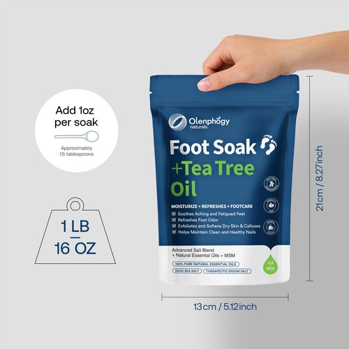 Olenphogy 16oz Tea Tree Oil Foot Soak with Epsom Salt - For Stinky Feet, Softens Calluses, Cracked Heel Care, Toenail Repair - Epsom Salts for Soaking, Pedicure Foot Spa for Women, Men