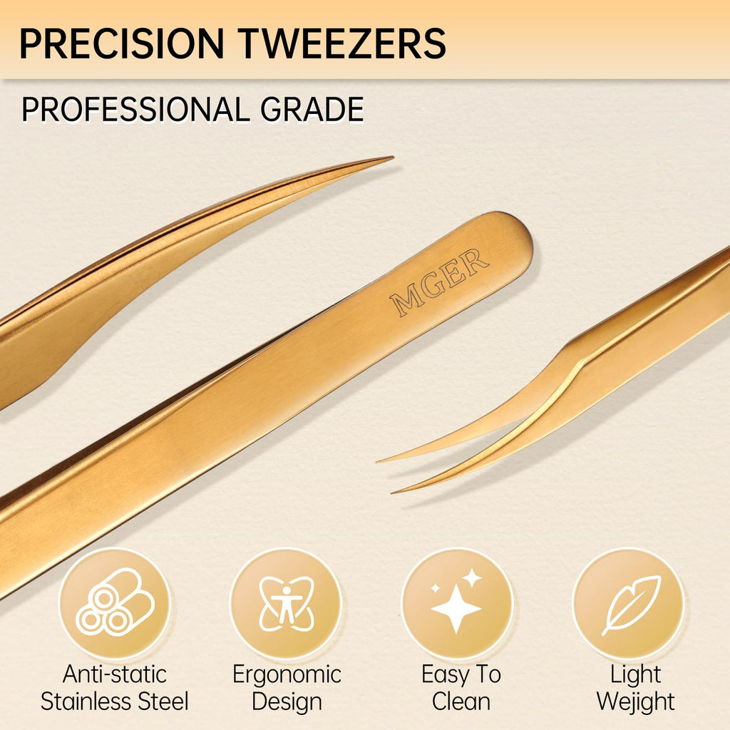 MGER Isolation Tweezers for Eyelash Extensions, Professional Hand Calibrated Dolphin tip Tweezers & eyelash tweezers for lash extensions, Effortless Application with Precision Tweezers, Gold