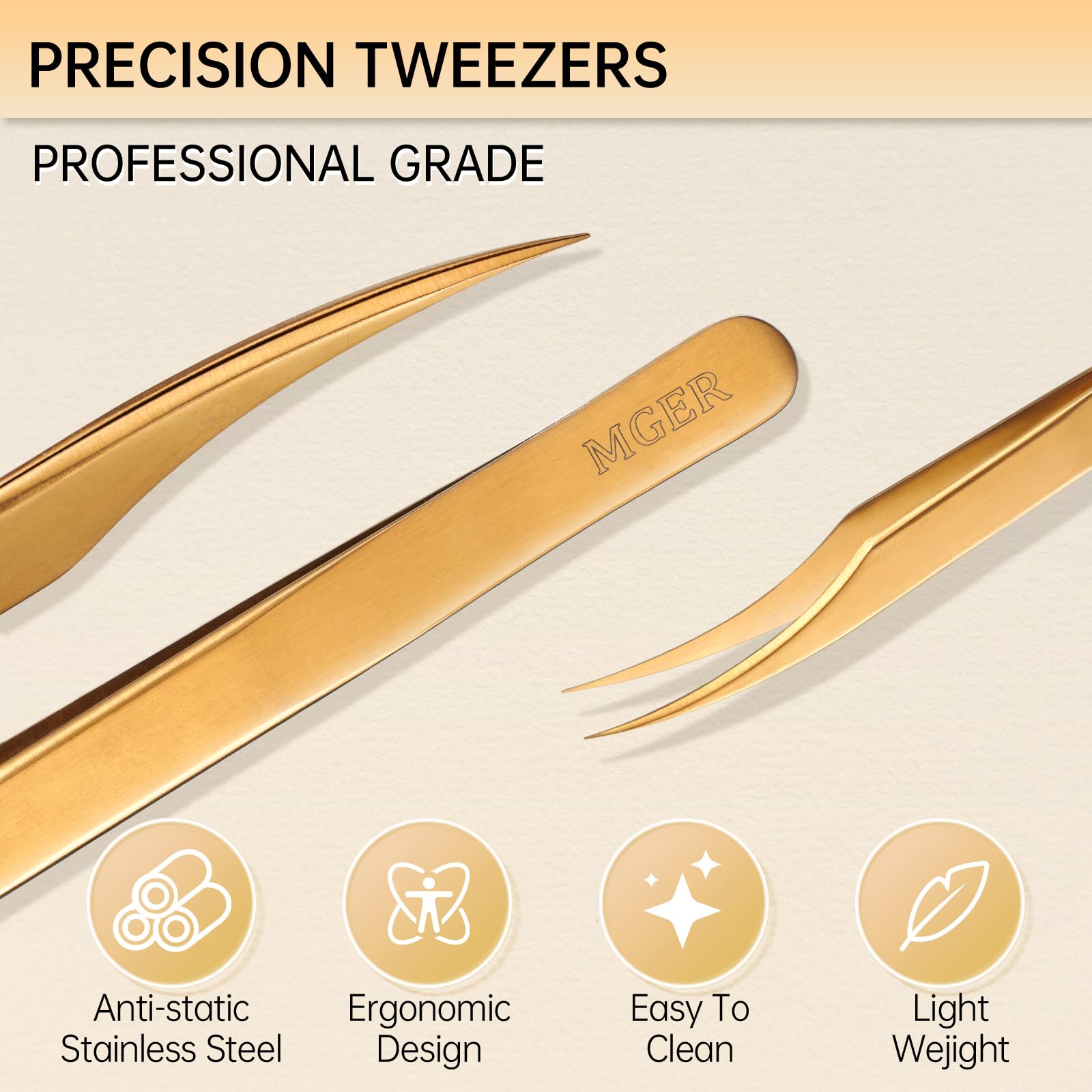 MGER Isolation Tweezers for Eyelash Extensions, Professional Hand Calibrated Dolphin tip Tweezers & eyelash tweezers for lash extensions, Effortless Application with Precision Tweezers, Gold
