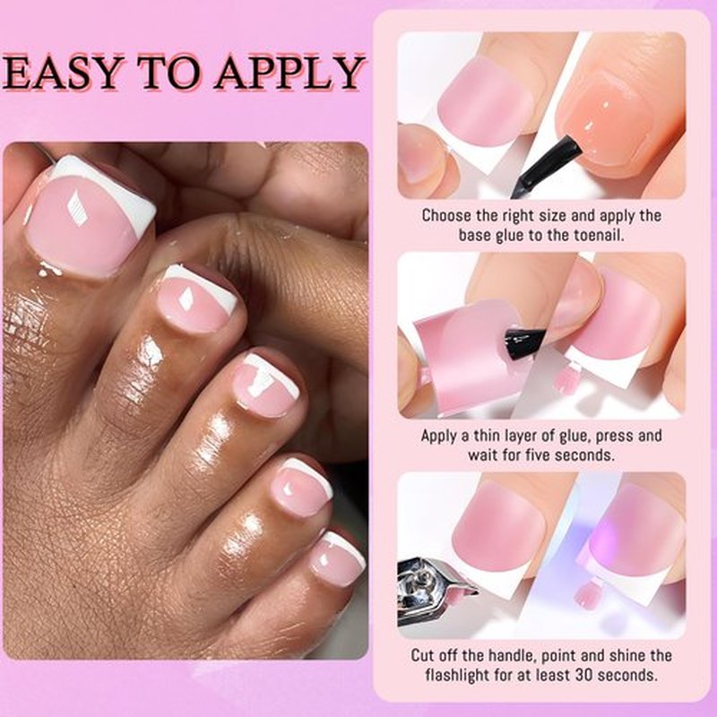 LoveOurHome 168pc French Tips Press on Toenails Women Fake Toe Nail with Glue Tab, Light Pink Acrylic Toe Nails Press ons Pedicure French Glue on Toenail Press-ons Nail Toes Tips False Nails for Feet
