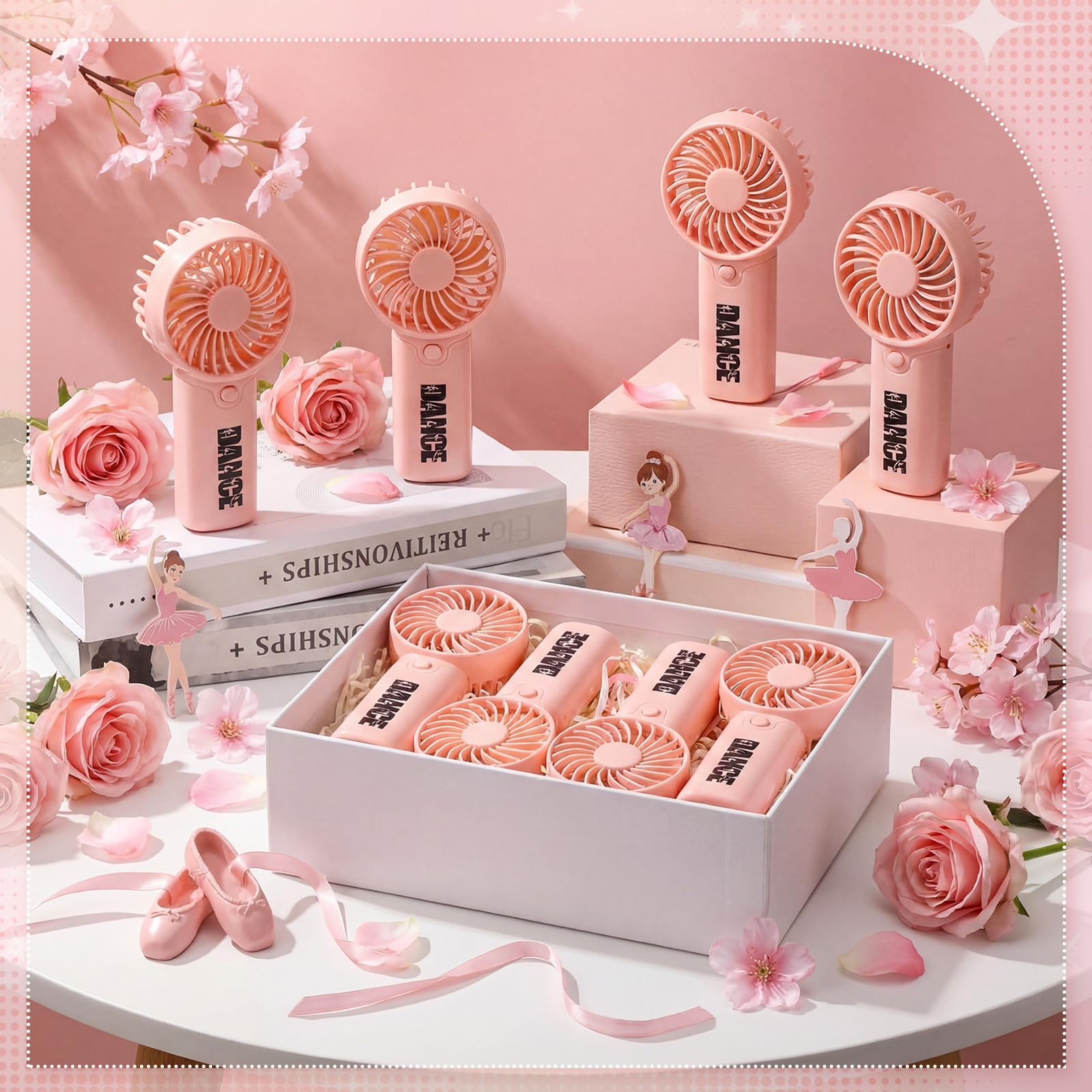 VIHOSE 12 Pcs Dance Mini Portable Fan Bulk Dance Competition Recital Small Personal Handheld Pink Fan with Lanyard for Women Dancer Team Ballet Ballerina Gymnastics Jazz Party Favors Accessories
