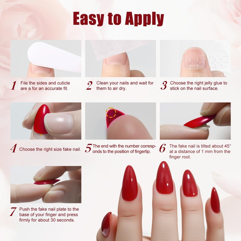 Yersunsy 24Pcs Press on Nails for Women Girl, Solid Color Medium Almond Fake Nails Glossy Artificial Fingernail, Reusable with Adhesive Tabs for Gift Parties Festival Makeovers (Red)