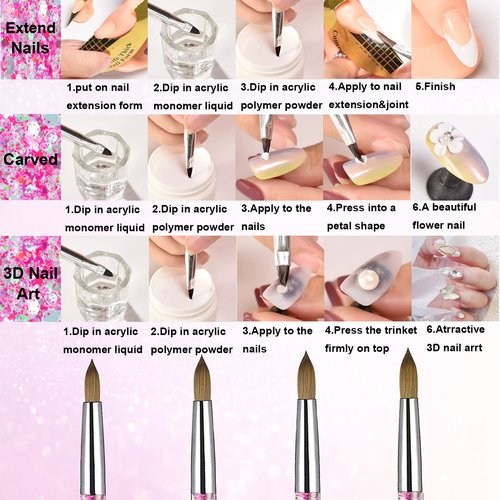 Acrylic Nail Brush Set, 4PCS Acrylic Nail Brushes Professional Nail Brush for Acrylic Application 3D Nail Carving DIY Acrylic Powder Brushes Liquid Glitter Nail Art Brush Size #8#10#12#14 (Pink)