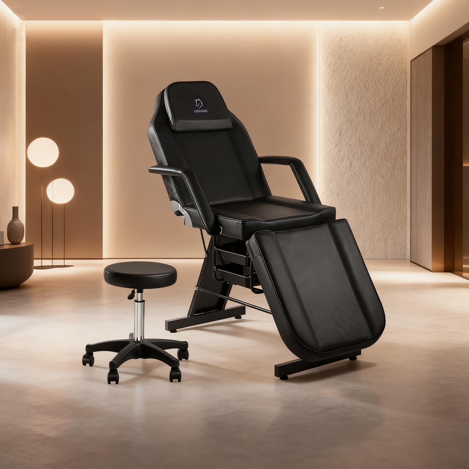 LUXMARS Facial Chair,73″ Tattoo Chair for Client,3-Section Adjustable Massage Table with Stool,Multipurpose Beauty Beds Salon Equipment for Esthetician,Tattooshop,Spa (Black)