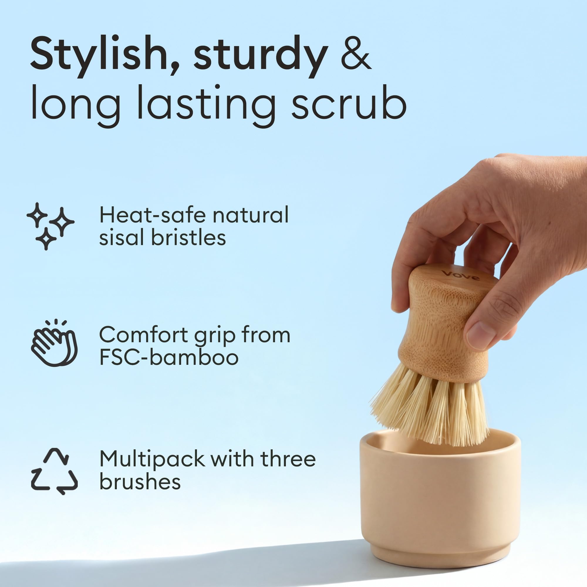 Vove Bamboo Dish Scrub Brush Set, 3-Pack Plastic-Free Kitchen Brushes for Dishes Pots and Cast Iron, FSC-Certified Bamboo with Natural Sisal and Union Fiber Bristles, 2 Hard and 1 Medium Brush