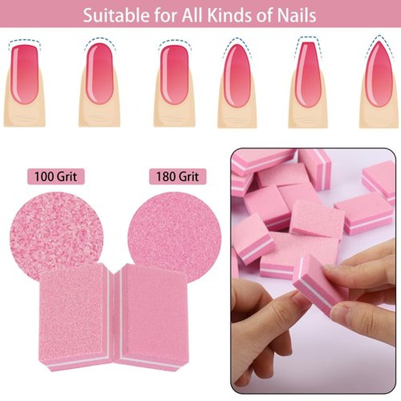 Nail Buffers 200 Pcs Mini Nail Buffer for Natural Nails 100/180 Grit Buffers for Nails Polishing(Pink)