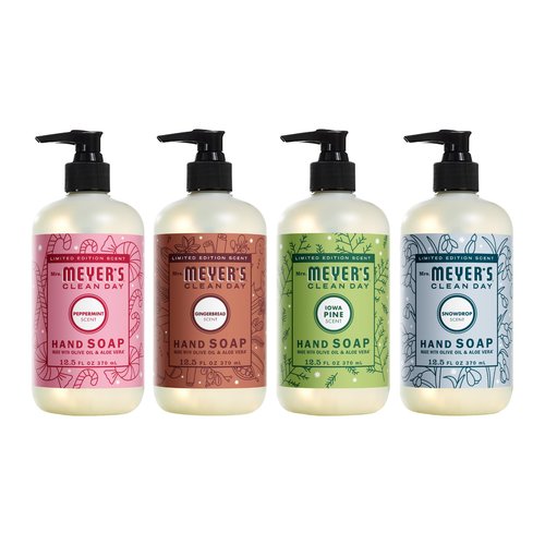 Mrs. MEYER'S CLEAN DAY Hand Soap 12.5 Fl Oz 4 Count (Variety Pack), Gingerbread + Iowa Pine + Peppermint + Snow Drop