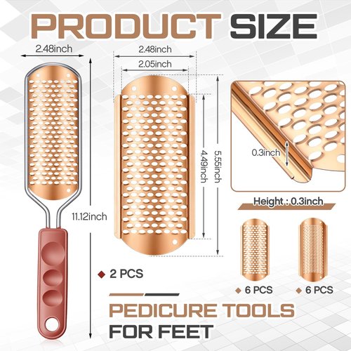 Moxweyeni 14 Pack Colossal Foot File Pedicure Tool Set with 2 Style Large and Small Hole Replacement Callus Remover Blades Rose Gold Stainless Steel Detachable Pedicure Foot Rasp for Dead Skin Remover